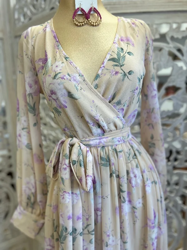 Beige Floral Wrapped Maxi Dress- Slightly Stretchy