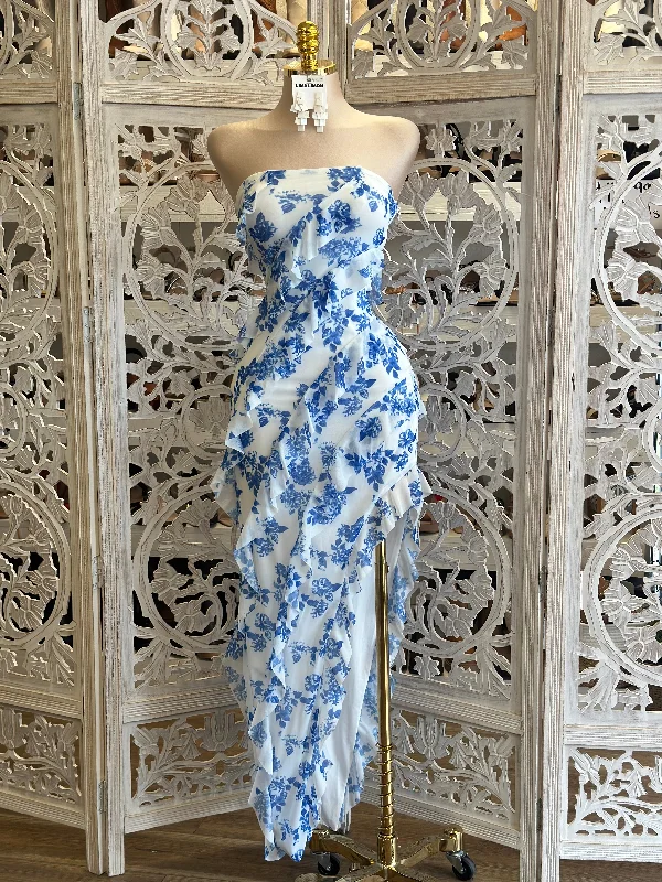 Blue Floral Full Ruffle Dress- Stretchy, Estira