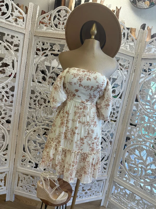 Brown Flowers Off Shoulder Dress