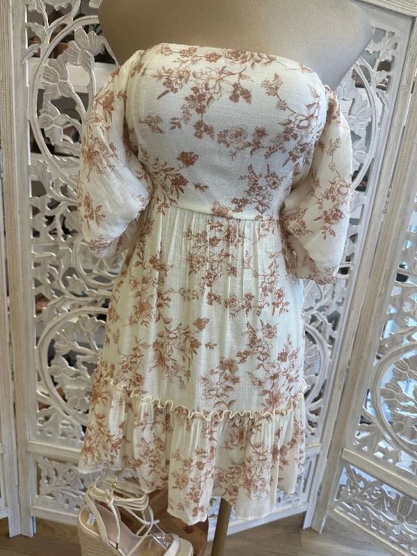 Brown Flowers Off Shoulder Dress