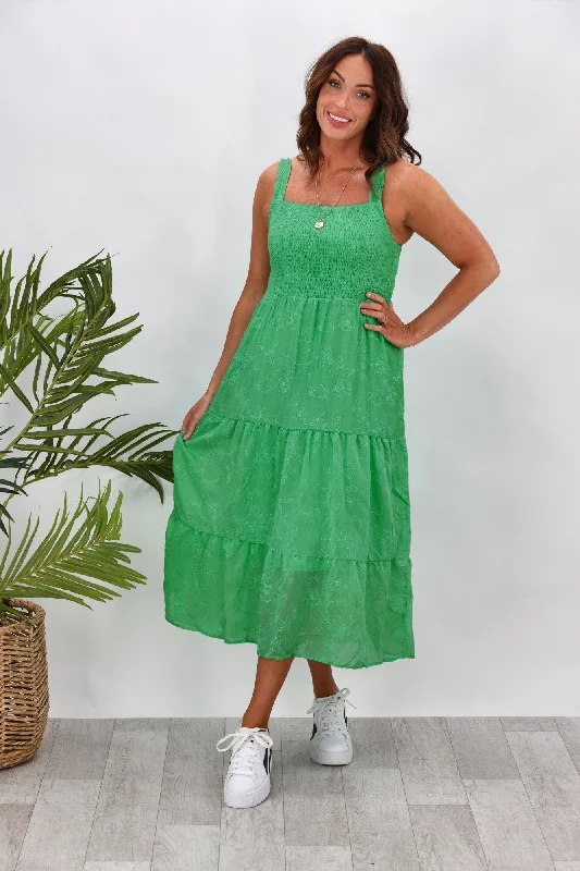 Gloss by Shine On Marcia Shirred Tiered Dress Green Embroidered Floral