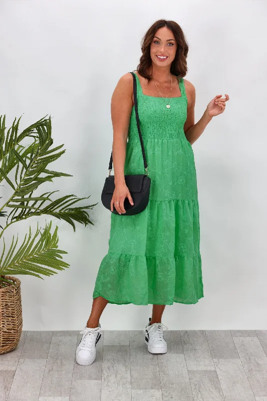 Gloss by Shine On Marcia Shirred Tiered Dress Green Embroidered Floral