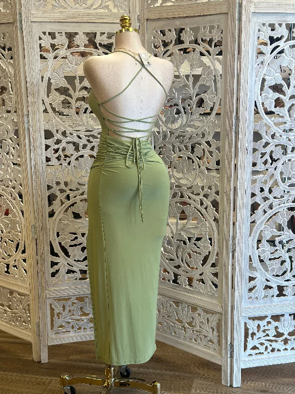 Green Strappy Back Draped Dress- Stretchy, Estira