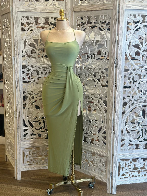 Green Strappy Back Draped Dress- Stretchy, Estira