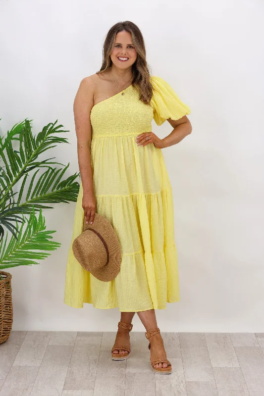 Iris Maxi Celia One Shoulder Puff Dress Yellow