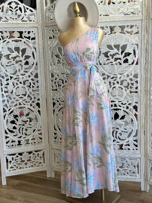 One Sleeve Maxi Faint Pink Floral Dress- Not Stretchy