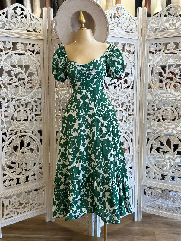 Puff Sleeve Floral Maxi Dress- Slightly Stretchy