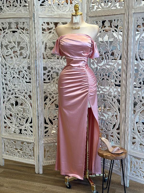 Rose Gold Formal Ruched Dress- Estira, Stretchy