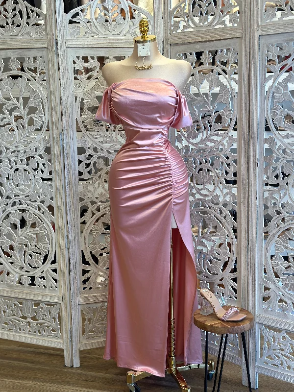 Rose Gold Formal Ruched Dress- Estira, Stretchy