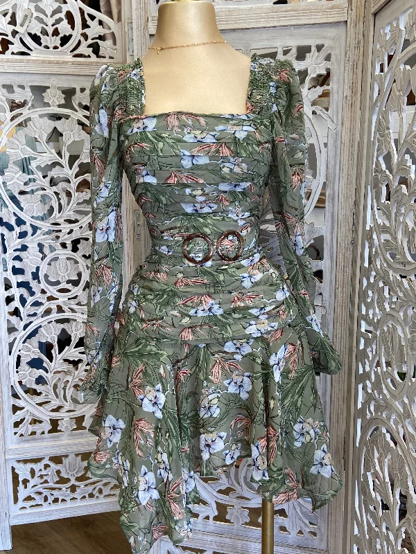 Square Neck Olive Floral Dress