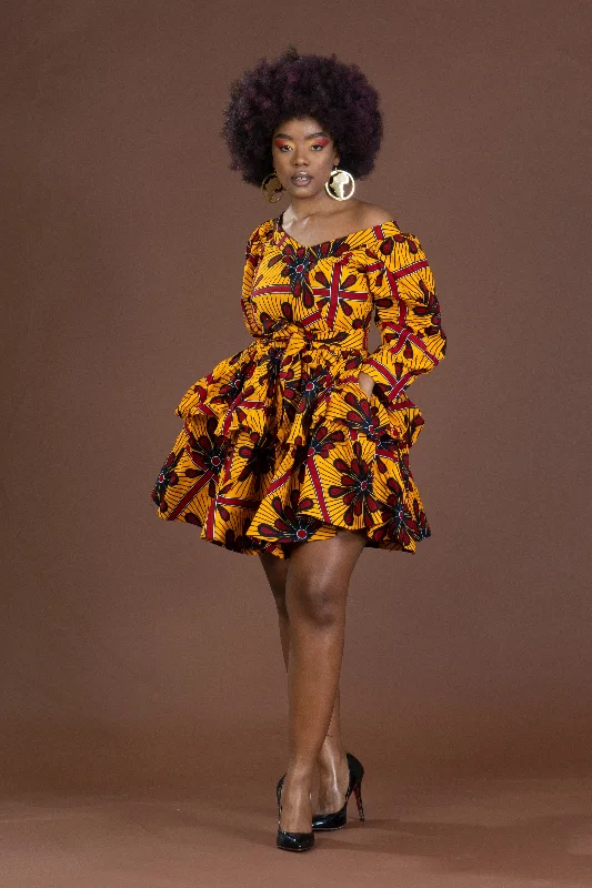 Akachi Ankara Short Flare Dress |Yellow African print