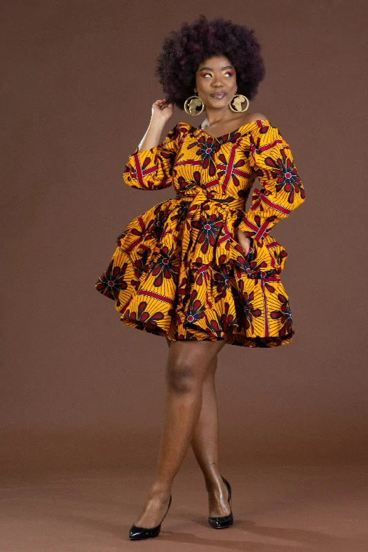 Akachi Ankara Short Flare Dress |Yellow African print