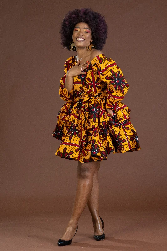 Akachi Ankara Short Flare Dress |Yellow African print