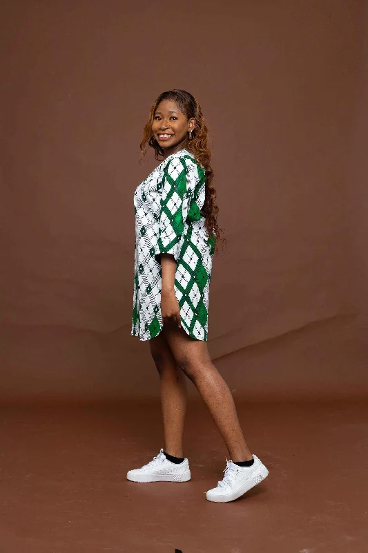 Alero Tunic Short Dress | White and Green African Print