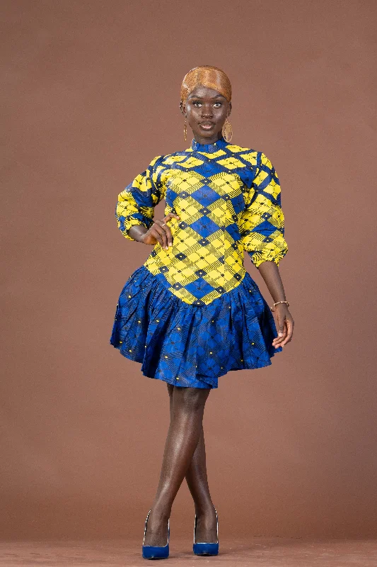 Ana Ankara Mini Dress | Yellow and Blue African Print