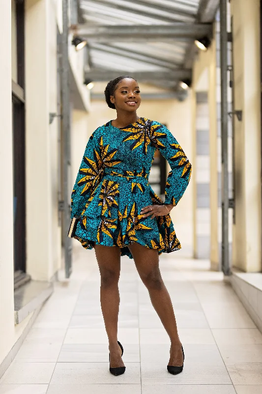 Anita Ankara Mini Dress | Teal and Yellow African Print