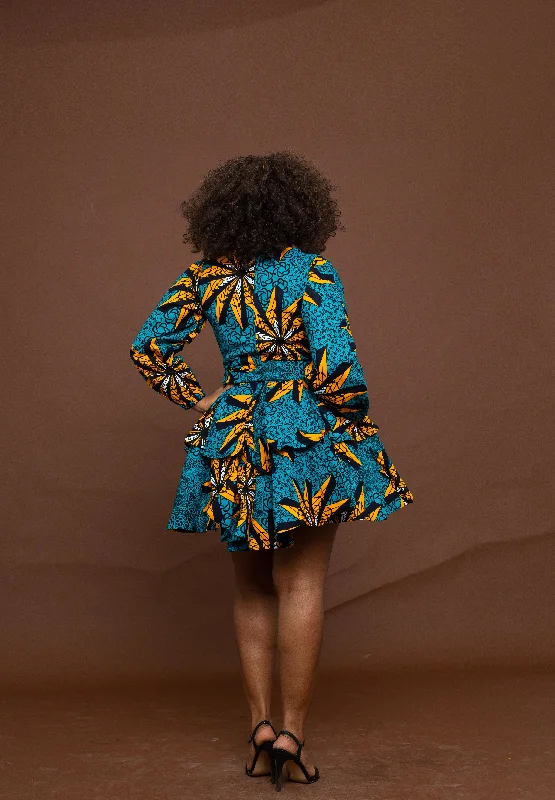 Anita Ankara Mini Dress | Teal and Yellow African Print