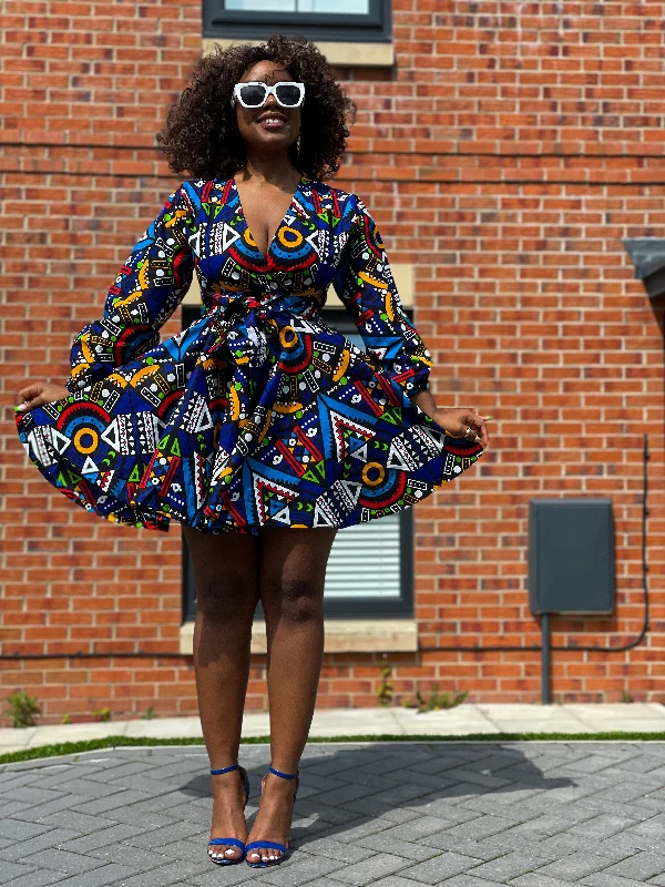 Bani Ankara Mini Dress | Blue and White Multicolored African tribal Print