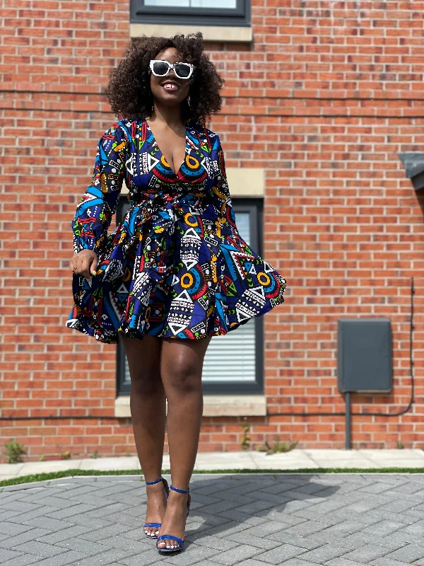 Bani Ankara Mini Dress | Blue and White Multicolored African tribal Print