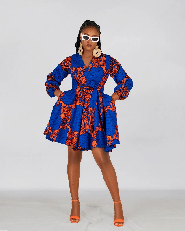 Bekky Ankara Mini Dress | Blue and Orange African Print