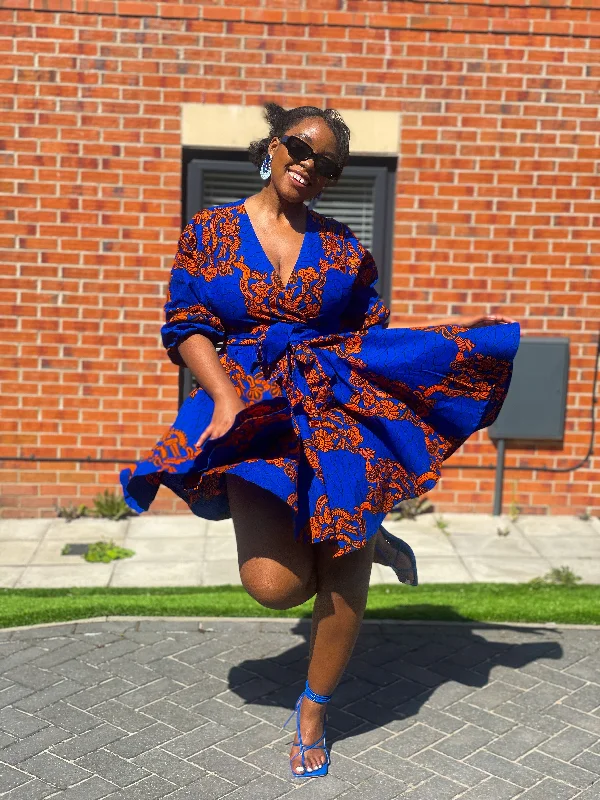 Bekky Ankara Mini Dress | Blue and Orange African Print