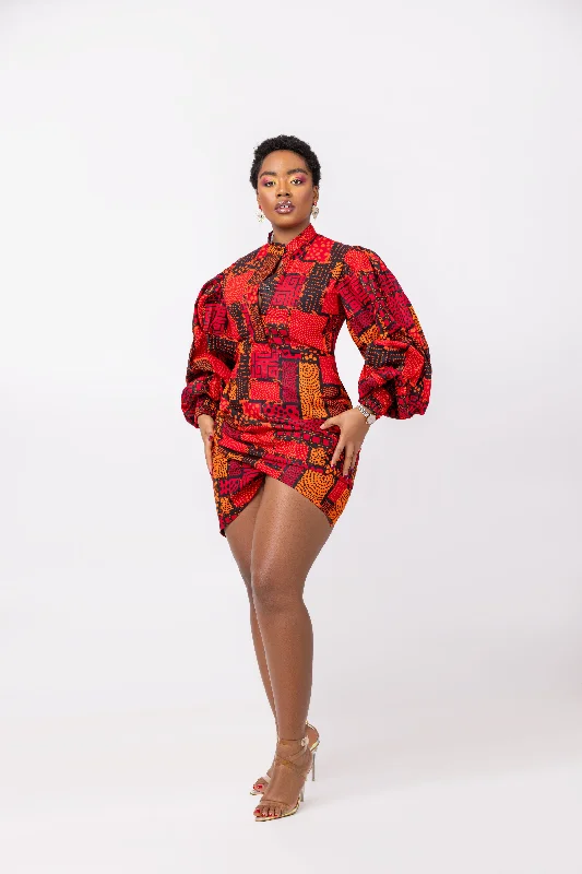 Bonnie Ankara Short Mini Dress | Red and Orange African Print