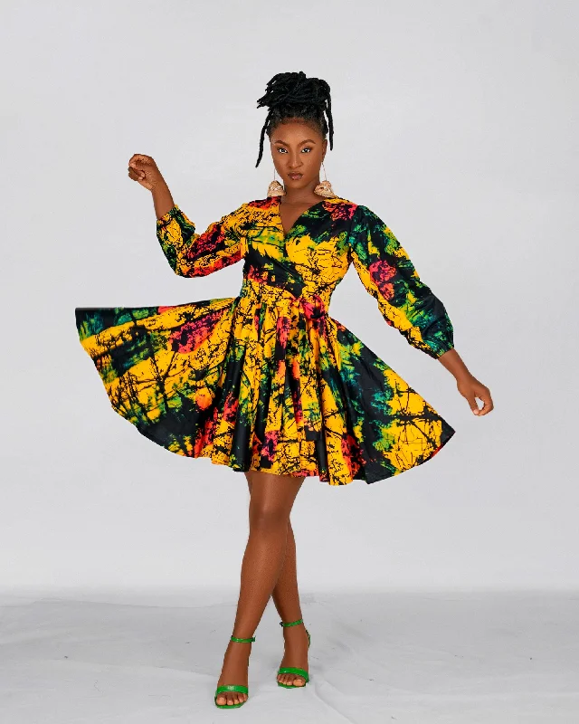 Brenie Ankara Mini Dress |  Green  and Yellow Multicoloured  Print