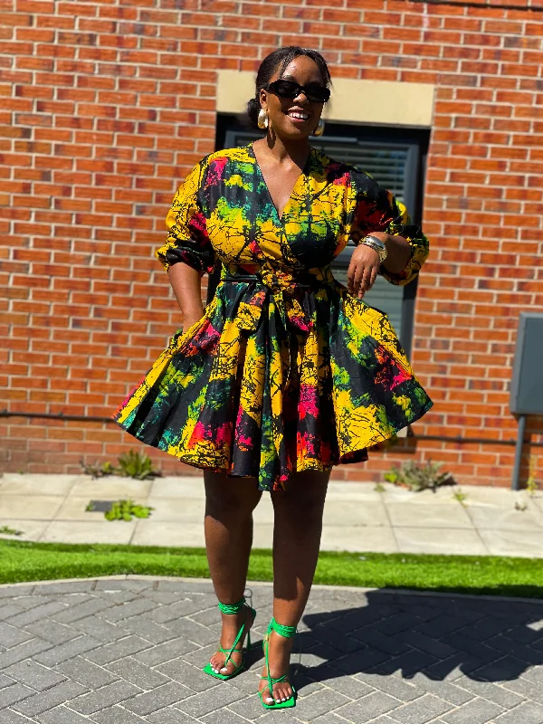 Brenie Ankara Mini Dress |  Green  and Yellow Multicoloured  Print