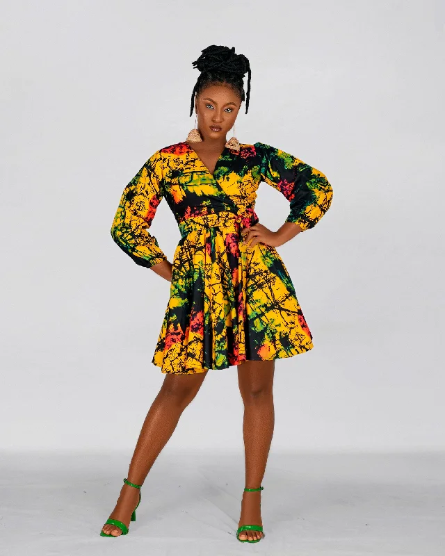 Brenie Ankara Mini Dress |  Green  and Yellow Multicoloured  Print