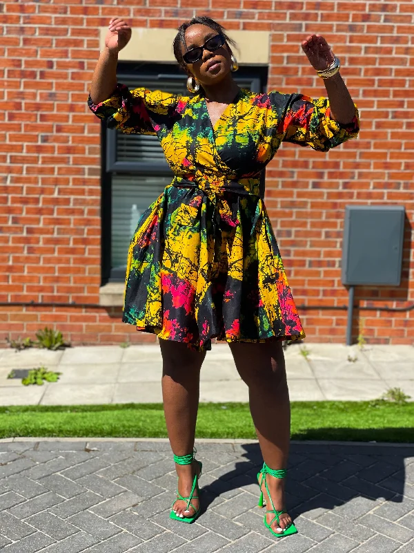 Brenie Ankara Mini Dress |  Green  and Yellow Multicoloured  Print