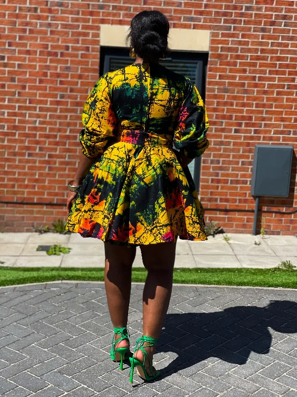 Brenie Ankara Mini Dress |  Green  and Yellow Multicoloured  Print