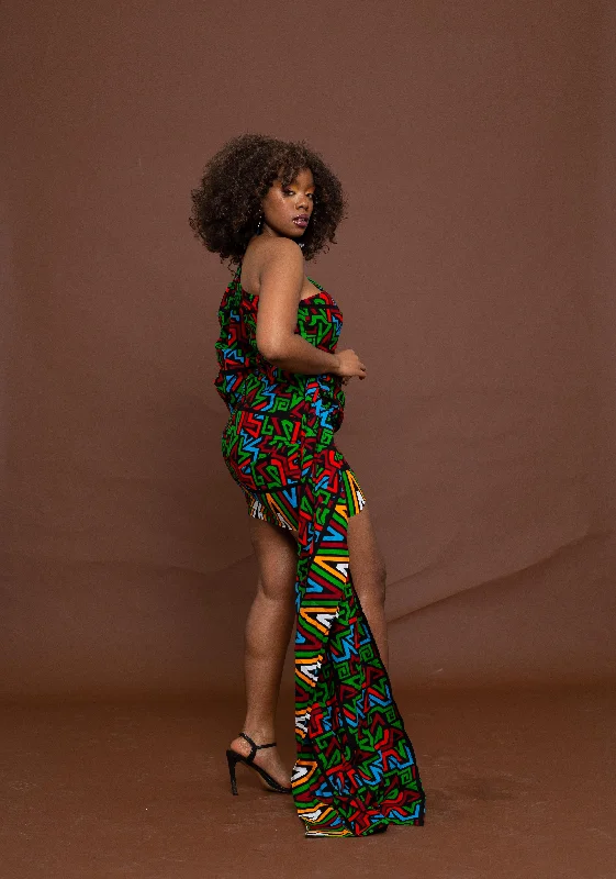 Faye Ankara Short Mini Dress | Green and Red MultiColoured African Print