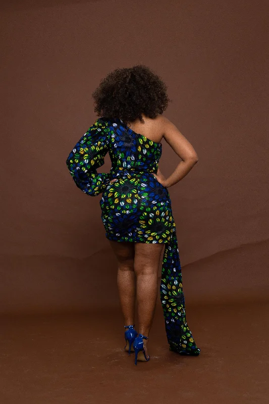 Flora Ankara Short Mini Dress | Blue and Green African Print