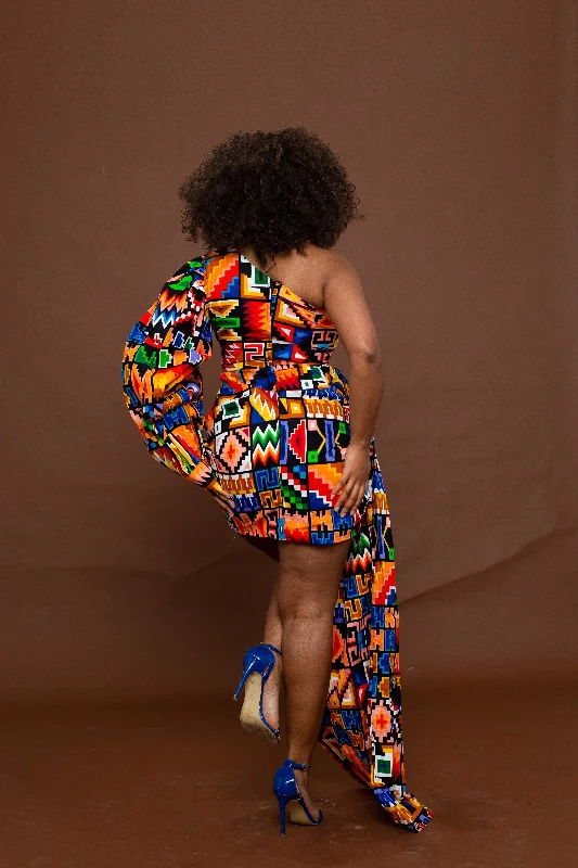 Frances Short Mini Dress | Blue and Yellow Multicolored African Kente Tribal Print