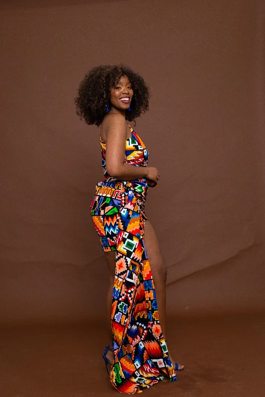 Frances Short Mini Dress | Blue and Yellow Multicolored African Kente Tribal Print