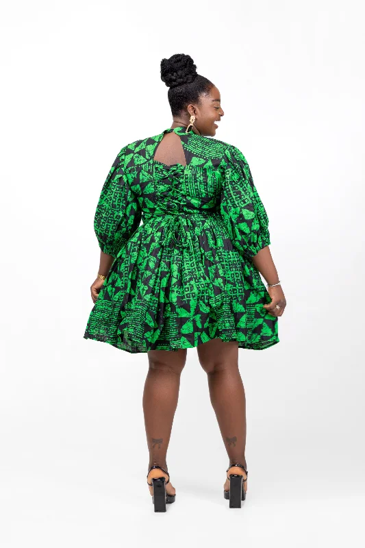 Morayo Ankara Short Mini Dress | Green African Print