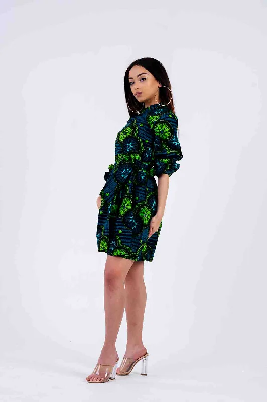 Ola Mini Dress | Green African Print