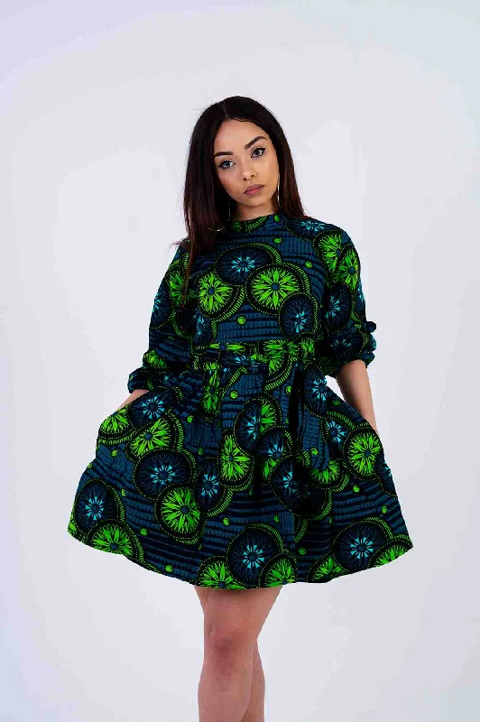 Ola Mini Dress | Green African Print