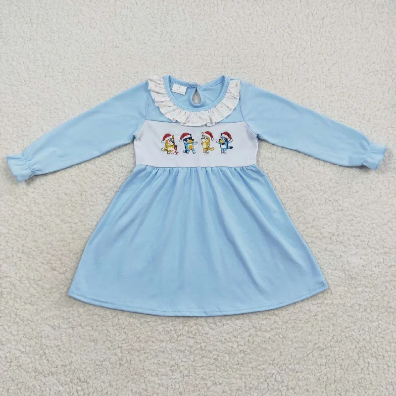 GLD0328 baby girl christmas dog embroidery blue long sleeve dress