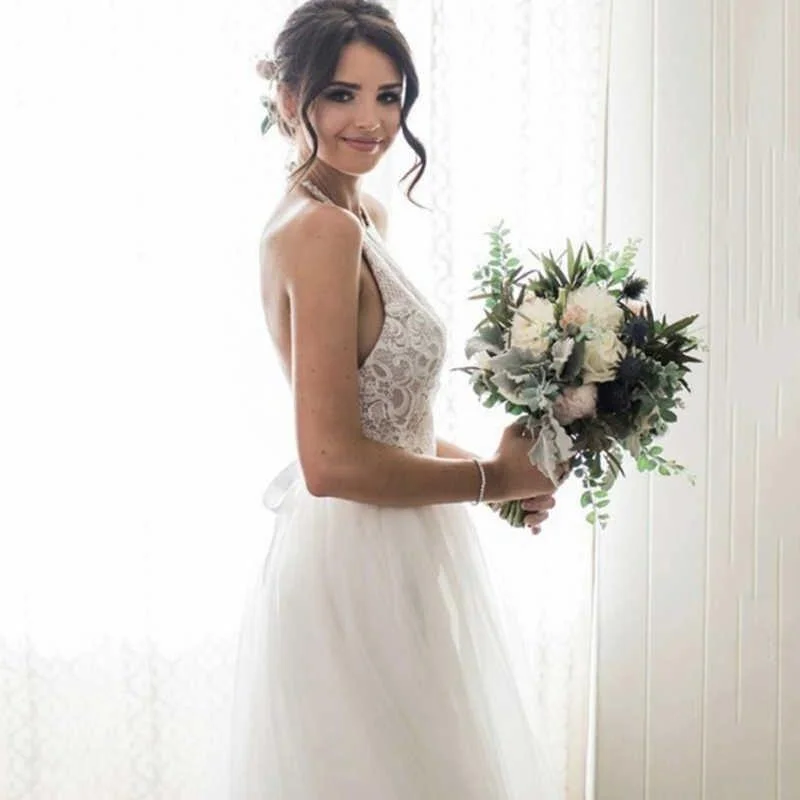 A-Line Round Neck Sweep Train Tulle Wedding Dress with Lace  WD390