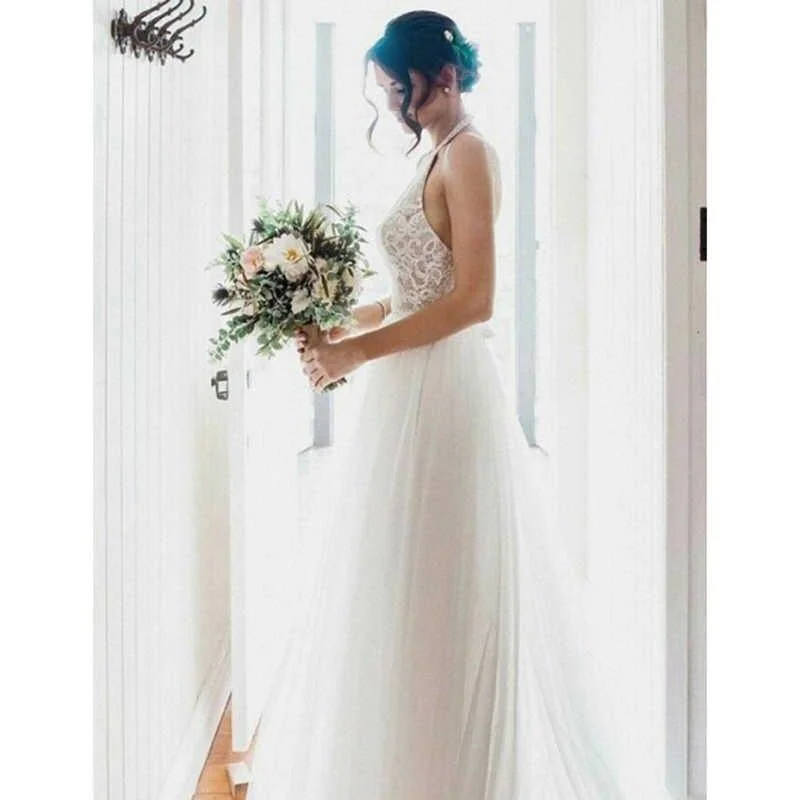 A-Line Round Neck Sweep Train Tulle Wedding Dress with Lace  WD390