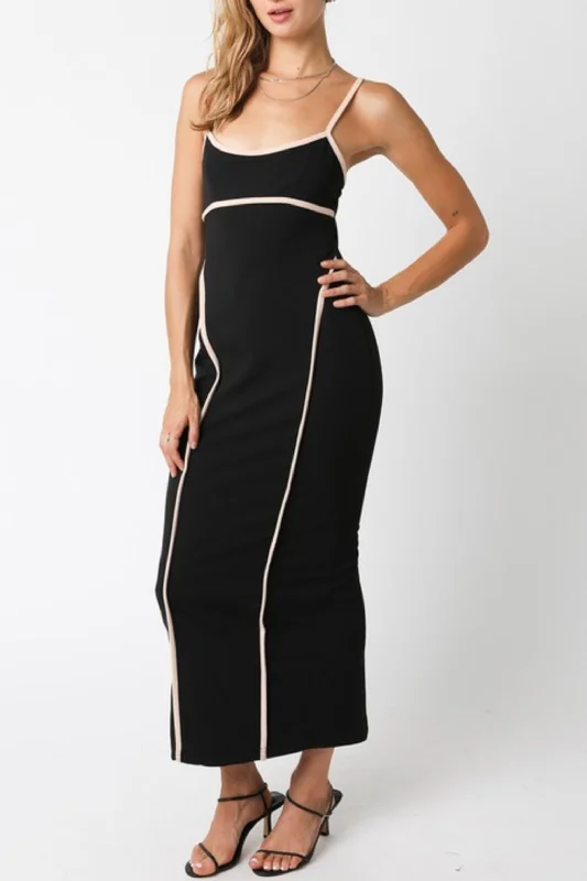 Addy Sleeveless Contrast Stitching Midi Dress Black