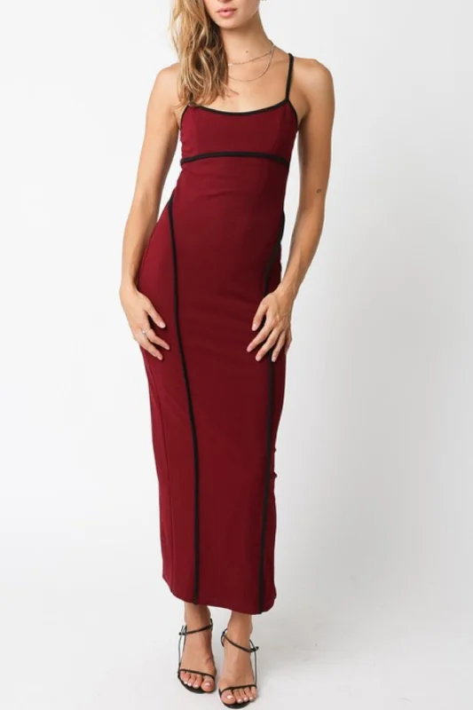 Addy Sleeveless Contrast Stitching Midi Dress Burgundy