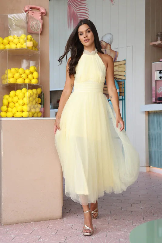 Vera Tulle Midi Dress in Butter Yellow