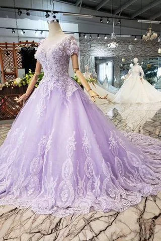 Ball Gown Lilac Short Sleeves Prom Dresses Wedding Dresses with Lace  PM244