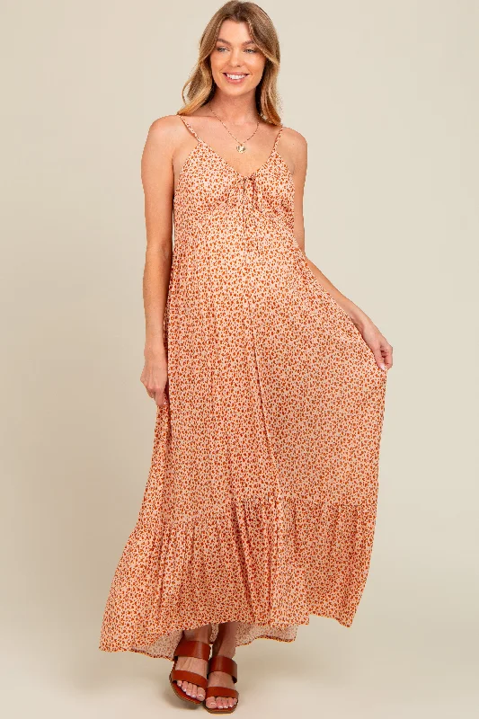 Beige Floral Tie Front Maternity Maxi Dress