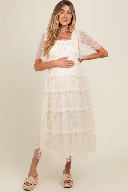 Beige Ruffled Mesh Maternity Maxi Dress