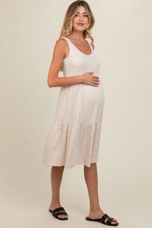 Beige Tiered Sleeveless Maternity Midi Dress