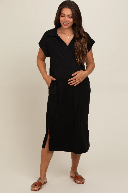 Black Collared Side Slit Maternity Midi Dress