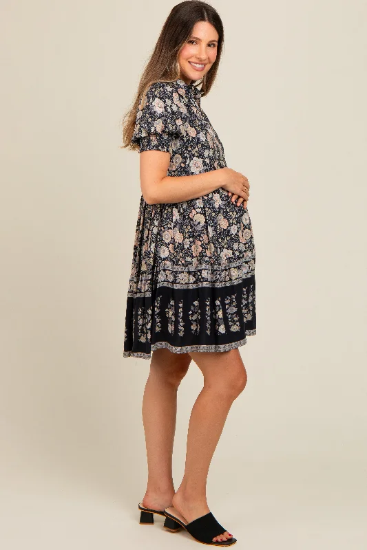 Black Floral Button Up Ruffle Hem Maternity Dress